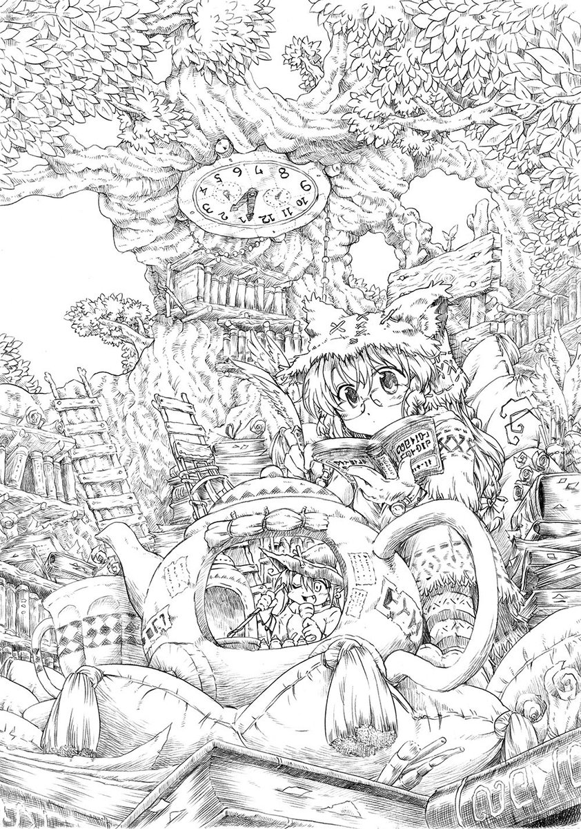 創作イラスト「空想の時間」の三日間かかった線画(A4コピー用紙にシャーペンにて制作) 