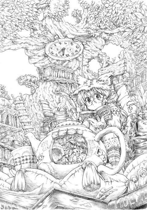 創作イラスト「空想の時間」の三日間かかった線画(A4コピー用紙にシャーペンにて制作) 