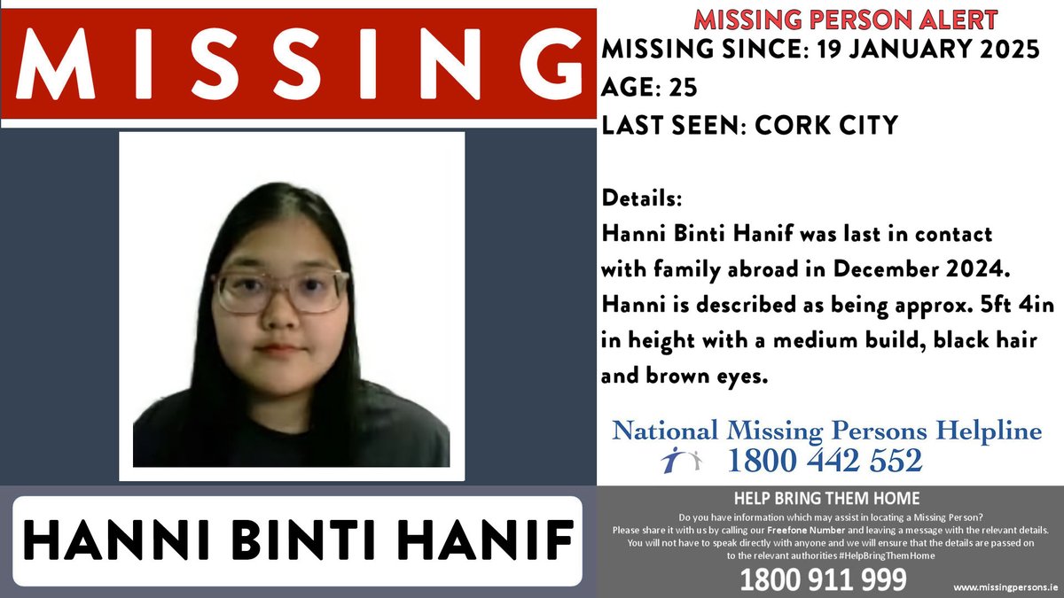 nmph_ireland's tweet image. Please share today's missing persons appeal displayed by THE GRAFTON BARBER on their digital screens in collaboration with our Helpline.
Thank you for your continued support.
Appeals must not be recreated by digital creators for use on their own pages and other platforms.