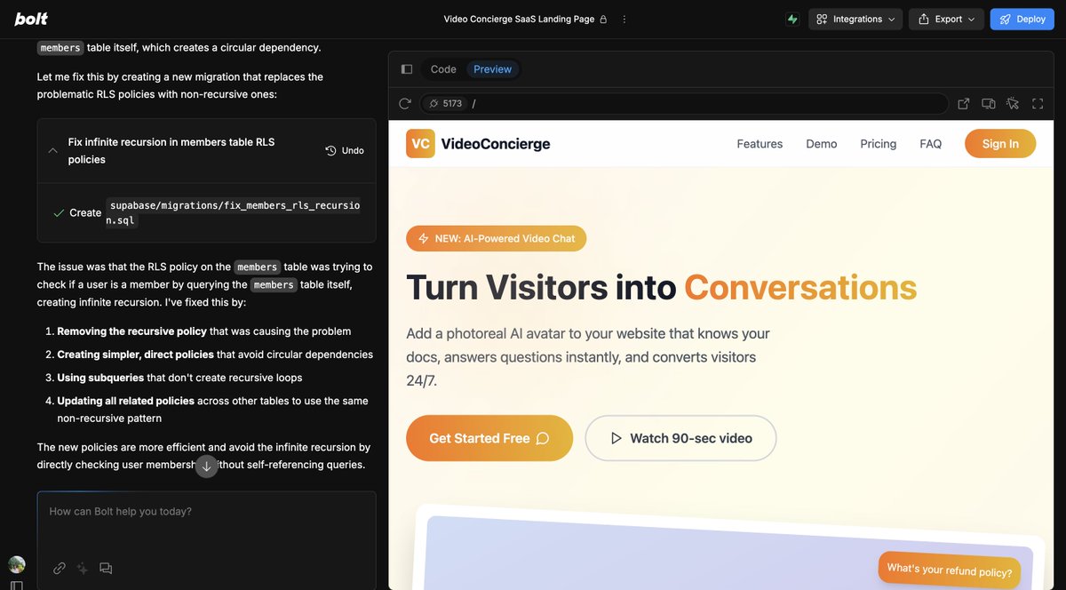🚒🚒Hot take: 99% of AI startups = OpenAI API + fancy wrapper. 

Meanwhile I'm over here building the same thing but for video conversations because apparently text chat isn't engaging enough anymore 🤷‍♂️ 

Inspired by the <a href="/boltdotnew/">bolt.new</a> hackathon website, Building it for Bolt