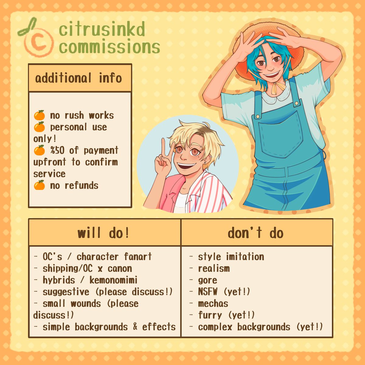 citrusinkd's tweet image. ๐ COMMS OPEN!!!โ(แตแแต)โ๐
โข via DM or VGen (in my bio and linked below!)
โข don't forget to read my ToS (also linked below!) and if you have any questions my DM's are open!
thank you~ (หถแตแตแตหถ)