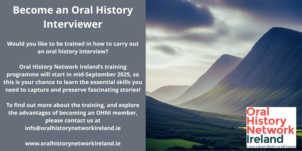 Oral History Network Ireland (@oralhist_ie) on Twitter photo Want to learn how to capture oral history stories? 🎙️
OHNI's training programme will start in mid-September 2025.
Find out more and explore OHNI membership at info@oralhistorynetworkireland.ie
Visit oralhistorynetworkireland.ie
#OralHistory #SharedStories #OHNI #Training Want to learn how to capture oral history stories? 🎙️
OHNI's training programme will start in mid-September 2025.
Find out more and explore OHNI membership at info@oralhistorynetworkireland.ie
Visit oralhistorynetworkireland.ie
#OralHistory #SharedStories #OHNI #Training