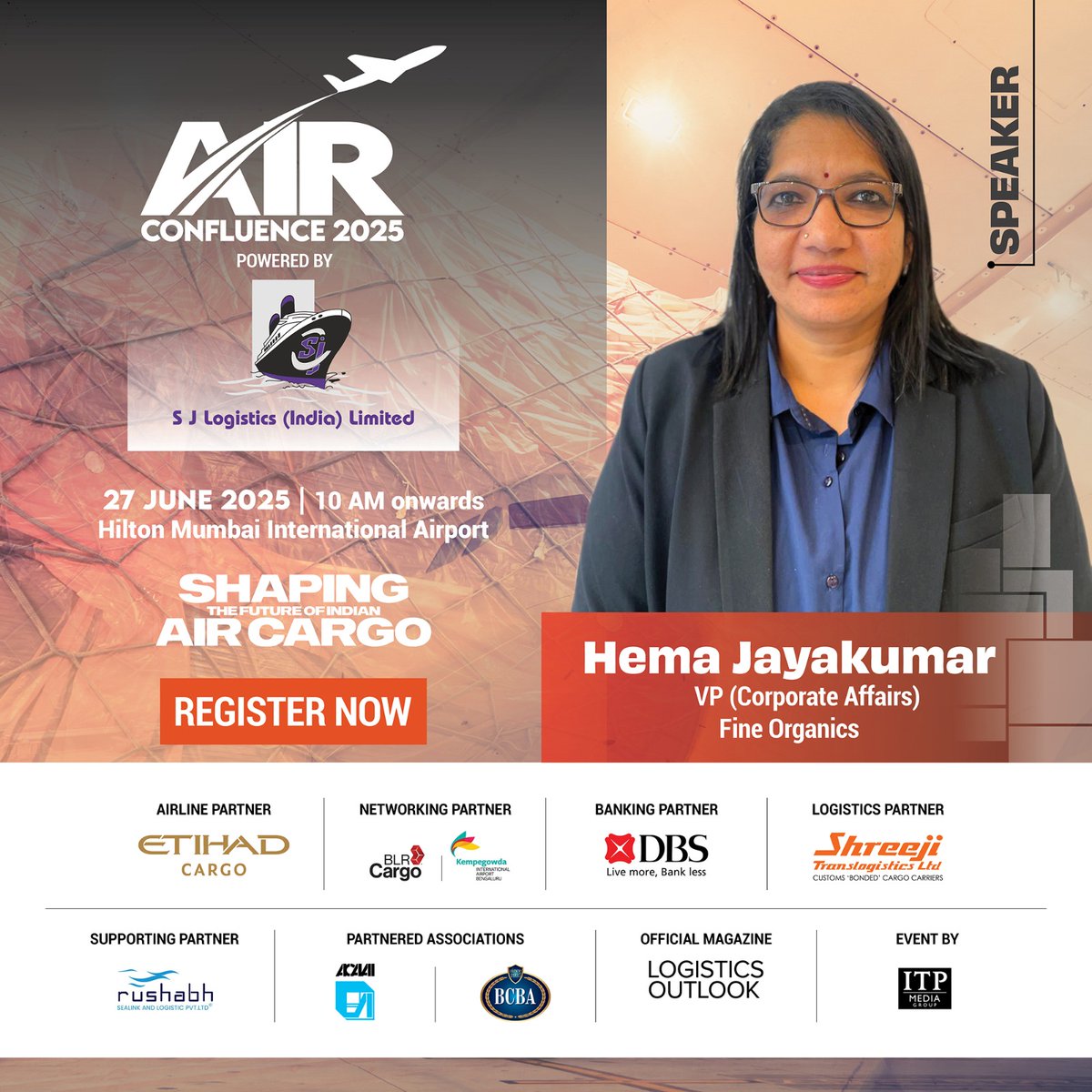 Excited to have Hema Jayakumar, VP (Corporate Affairs), Fine Organic Industries Limited, join us as a speaker. 

27 June 2025 | 9:00 Am Onwards
Hilton Mumbai International Airport 

Ready to be part of India’s air cargo growth story?

Register Now: shorturl.at/sKpOe