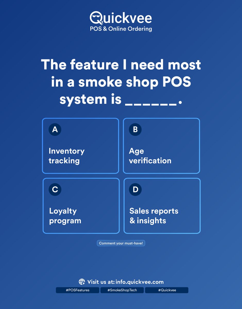 quickvee's tweet photo. Drop your answer in the comments and tell us why!
Your feedback helps us build the ultimate smoke shop POS experience with Quickvee.
To know more: https://t.co/XnWJR6J2VD
#SmokeShopTech #POSFeatures #Quickvee #SmokeShopPOS #RetailSolutions #BusinessTools #QuickveePOS https://t.co/EJfVzpD31j