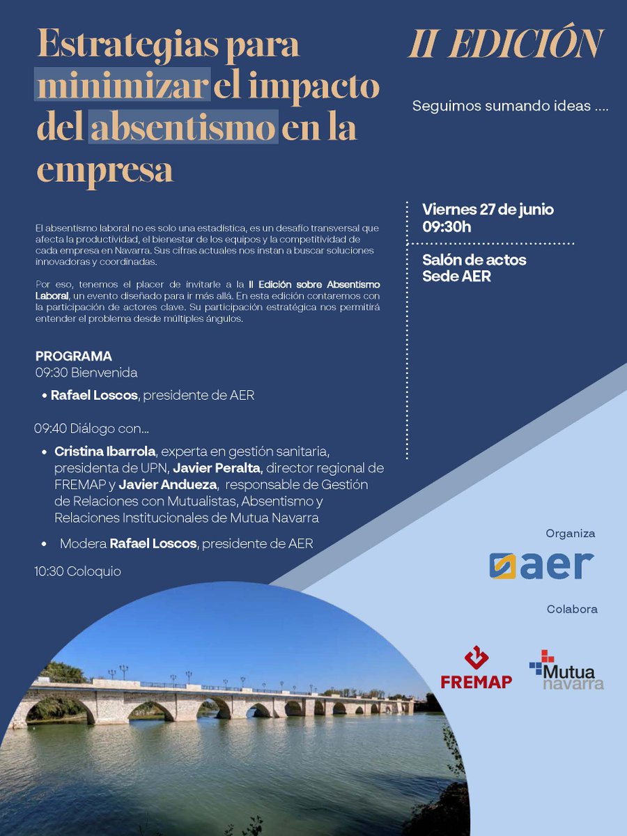 📢 ENCUENTRO | TUDELA | II EDICIÓN | ABSENTISMO LABORAL | Viernes, 27 de junio a las 9:30 Sede AER
Seguimos sumando ideas💡
🎙️Cristina Ibarrola, experta en gestión sanitaria  @UPN_navarra <a href="/mutuanavarra/">Mutua Navarra</a>  <a href="/Fremap_Mutua/">Mutua FREMAP</a> 
🎯Tú opinión cuenta ..
👉Inscripción: lnkd.in/dQDACHfF