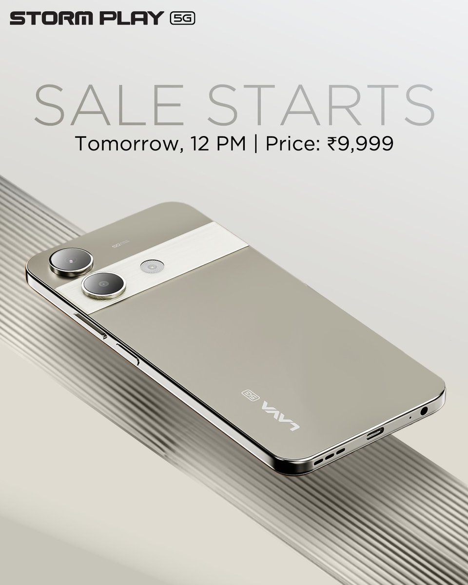 Lava Mobiles (@lavamobile) on Twitter photo Storm Play 5G: Sale starts tomorrow, 12 PM only on Amazon.
Price: ₹9,999
#ContestAlert
1️⃣ Follow <a href="/LavaMobile/">Lava Mobiles</a>
2️⃣ Click on Notify me: amzn.to/3ZtdCII
3️⃣ Post the screenshot below, tag us & use #StormPlay5G
One lucky winner wins* Storm Play 5G.
*T&C Apply Storm Play 5G: Sale starts tomorrow, 12 PM only on Amazon.
Price: ₹9,999
#ContestAlert
1️⃣ Follow <a href="/LavaMobile/">Lava Mobiles</a>
2️⃣ Click on Notify me: amzn.to/3ZtdCII
3️⃣ Post the screenshot below, tag us & use #StormPlay5G
One lucky winner wins* Storm Play 5G.
*T&C Apply