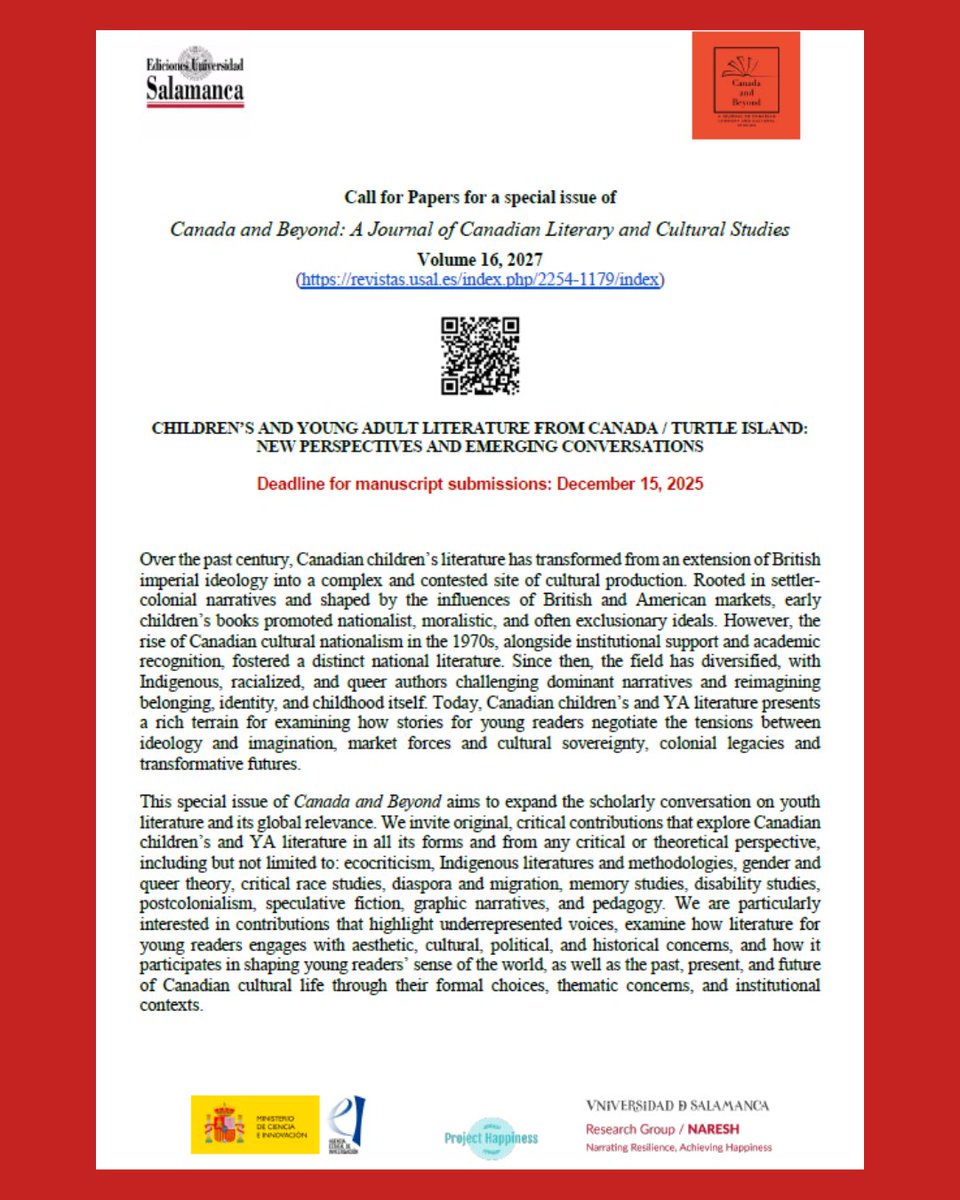 CeliaCores's tweet image. 📚✨ Call for Papers – Special Issue ✨📚

Are you working on Canadian children’s or YA literature? 

Canada and Beyond invites submissions for a special issue on New Perspectives and Emerging Conversations in Children’s and YA Literature in Canada/Turtle Island.