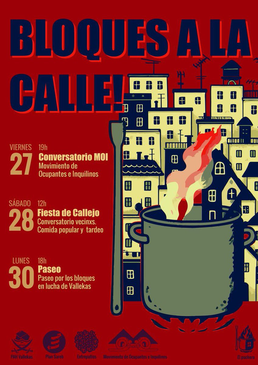 📌Jornadas Bloques a la Calle, del 27 al 30 de junio.

✊🏾Organización de 17 bloques en lucha 

✌🏽Celebración de los alquileres sociales en nuestro bloque histórico de Callejo, 11

📝Encuentro con el Movimiento de Ocupantes e Inquilinos (Argentina)