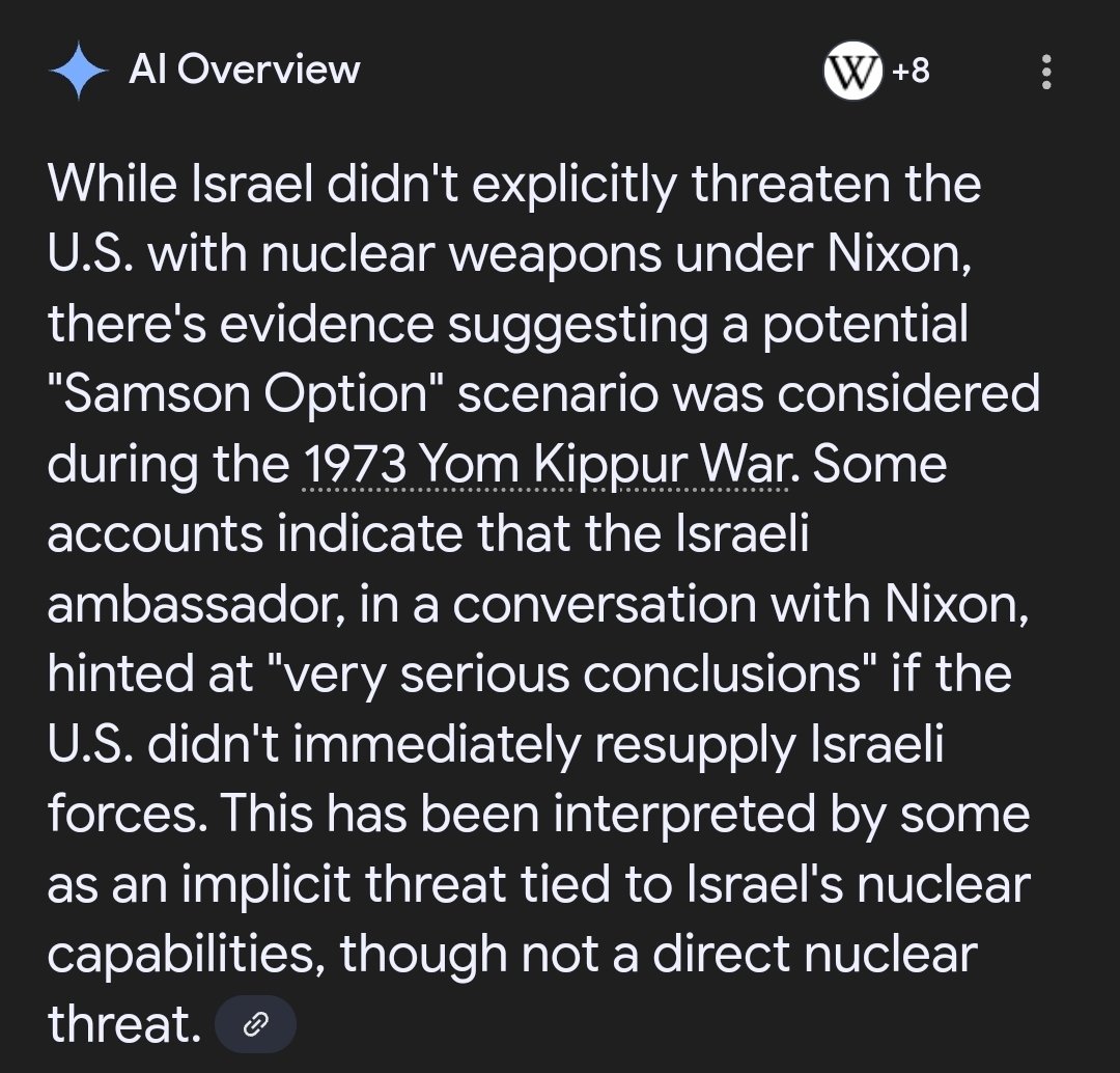 Even Google's highly curated AI is willing to concede (or at least hint) that Israel is the bigger nuclear threat to the US than Iran. It's the Lavon Affair and the USS Liberty with a spicy Hiroshima topping.