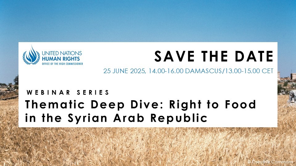 #SAVETHEDATE
Join the Right to Food in the Syrian Arab Republic online event through:
Webinar link: un-org.zoom.us/j/92668944891
Passcode: :#+Mg+C7@R$

Join via audio/SIP room system:
Webinar ID: 926 6894 4891
Passcode: 4369325016
SIP: 92668944891@zoomcrc.com