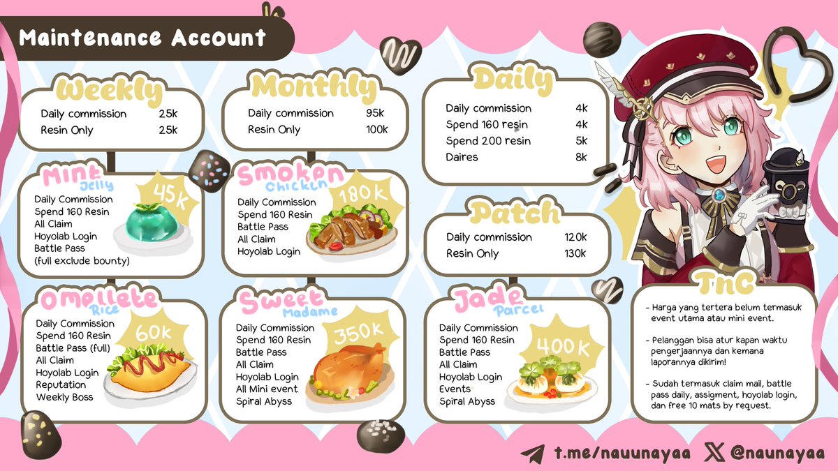 naunayaa's tweet photo. @batushafir haloo ka pira 👋🏻 untuk build character sampai mentok aku sarankan ambil joki rakun resin only atau include sama daily !! Karna harganya udah jadi harga paket. Sama aku setiap hari bakal dapet bonus mats sesuai req, bisa request waktu login juga. Ada loyalty card jugaa ya ka 😼💌 https://t.co/o3bXoFPXt9