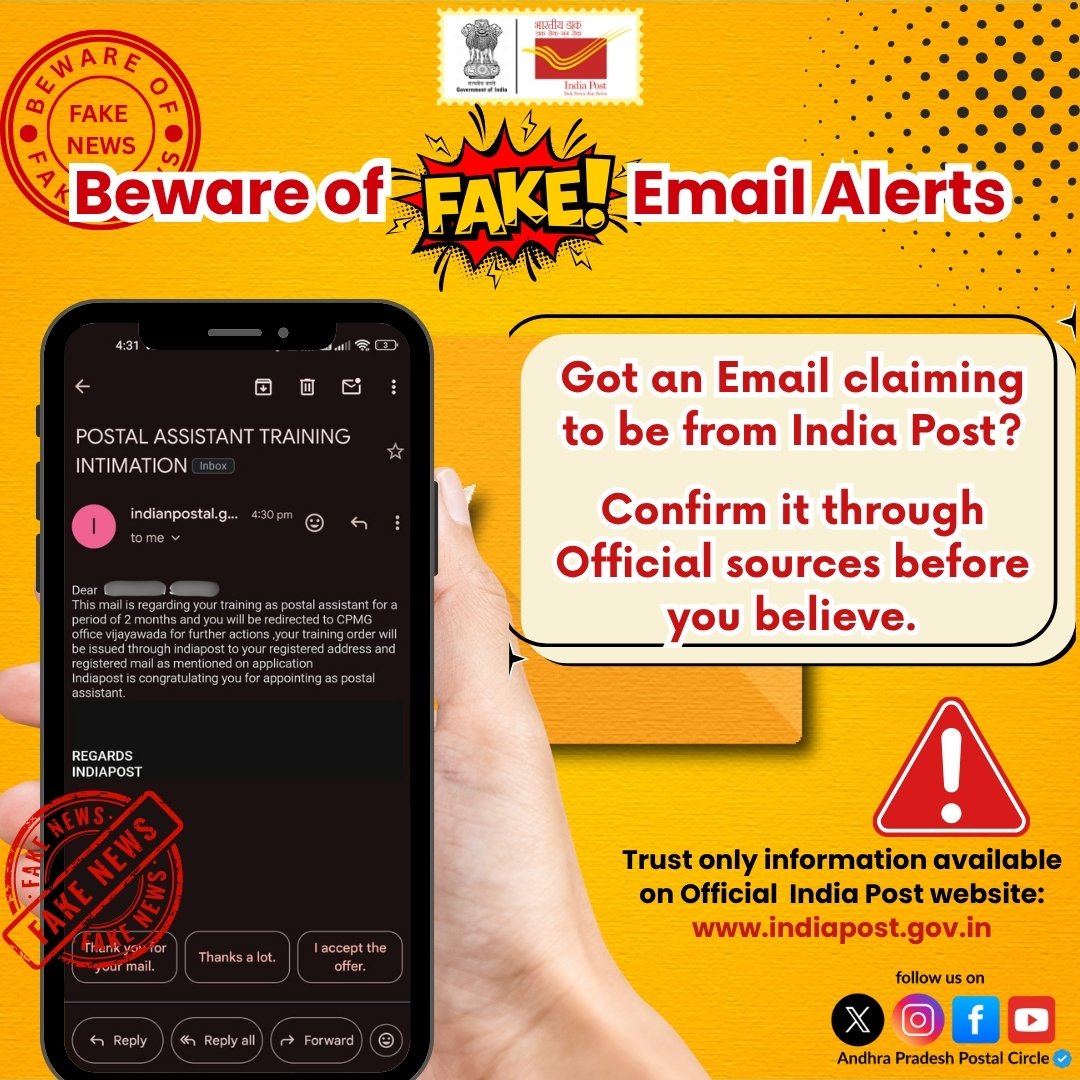 appostalcircle's tweet photo. 🚨 #FAKE Email #Alert!
If you received an email claiming to be from India Post — #STOP & #VERIFY!
✅ Confirm through official sources before you believe.
🔗 https://t.co/RWruHiXCY8
#IndiaPost #FakeEmailAlert #StayAware #CyberSafety #AndhraPradeshPostalCircle https://t.co/Wl35Fe9frs