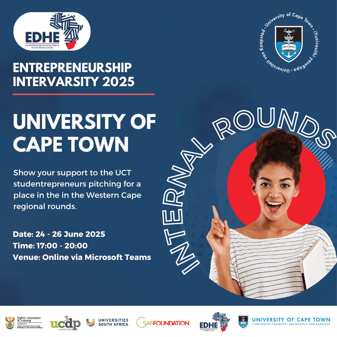 UCT community, our studentpreneurs are pitching in the EDHE Entrepreneurship Internal Rounds! 💼🔥

Come show your support online as they compete for a spot in the next phase. tinyurl.com/5n6e2kpf

26 May – 27 June 
#EDHEEntrepreneurshipIntervarsity2025 #UCT