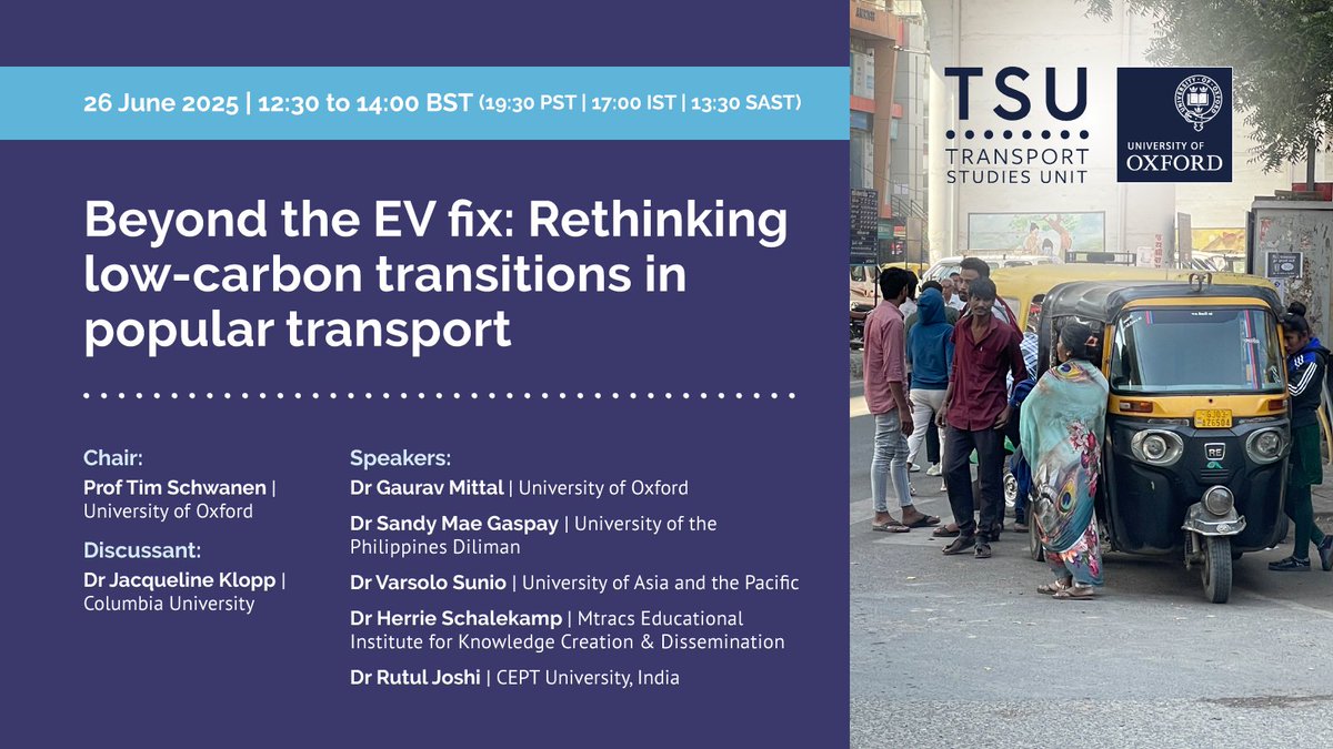 geo_mittal's tweet image. 🚨 Webinar Alert | Beyond the EV Fix: Rethinking Low-Carbon Transitions in Popular Transport
We ask, "How can informal mobility systems be transformed to be both low-carbon & socially just?"
🗓️ 26 June | 12:30–14:00 BST
🔗 Register: lnkd.in/eishFRw9