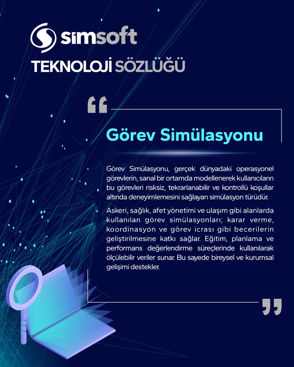 SimsoftOfficial's tweet photo. Simsoft Teknoloji Sözlüğü👨🏼‍💻
Teknoloji sözlüğümüzün bugünkü kelimesi; #GörevSimülasyonu

Simsoft Technology Dictinary👨🏼‍💻
Today's word in our technology dictionary; #MissionSimulation

#Simsoft #Dijitalleşme #Software #Yazılım #Simülasyon #Simulation #Teknoloji #Technology https://t.co/VlpNBlJNZy