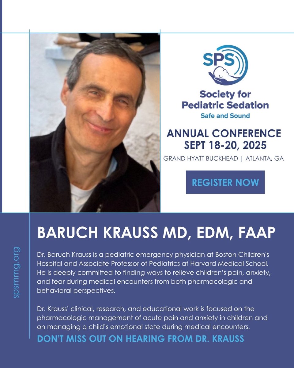 SPS Sunday Speaker Spotlight: Baruch Krauss, MD, EdM, FAAP Be sure to hear Dr. Krauss' lecture, "Real-Time Patient Monitoring for Pediatric Procedural Sedation," on Thursday, September 18
Click below to secure your spot at this year's conference⤵️
📆 bit.ly/45jNyDz