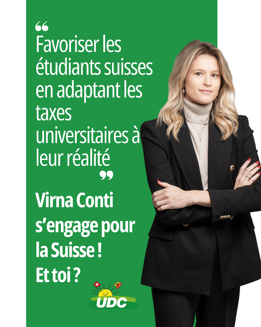 Virna Conti veut donner la priorité aux étudiants suisses à l’Université de Genève.
L’UDC Genève s’engage pour la Suisse, et toi ? 
Rejoins-nous.

#UDCGe #DeviensMembre