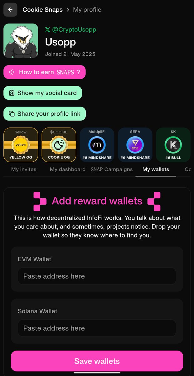 Usopp (@cryptousopp) on Twitter photo Don't bookmark, just do it now -
Go add your EVM and Solana wallet on <a href="/cookiedotfun/">Cookie DAO 🍪</a>
Same playbook as Kaito - some people who forgot to do it on Kaito especially with Solana wallet were not eligible for some rewards.
Do it now and save yourself all the "open tickets on Don't bookmark, just do it now -
Go add your EVM and Solana wallet on <a href="/cookiedotfun/">Cookie DAO 🍪</a>
Same playbook as Kaito - some people who forgot to do it on Kaito especially with Solana wallet were not eligible for some rewards.
Do it now and save yourself all the "open tickets on