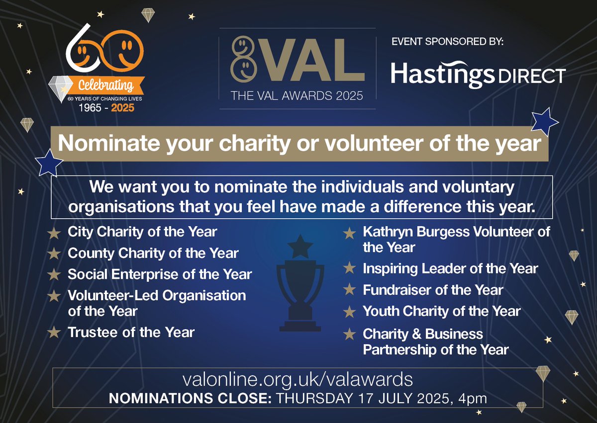 Do you know someone who’s making a real difference in your community? 
Whether they’re a tireless volunteer, a passionate leader, or an unsung hero now’s the time to shine a spotlight on them
👉 valonline.org.uk/val-awards/
A huge thank you to our headline sponsor: <a href="/HDcareers/">Hastings Direct Careers</a>