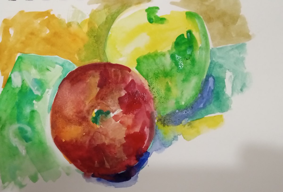 AlethaArtist's tweet photo. Idle watercolor drawing, paused as I wait for some of it to dry. Practice. Just looking at 2 apples, one red, one green. Scratch paper (not watercolor) #art https://t.co/OrKdkqir7y