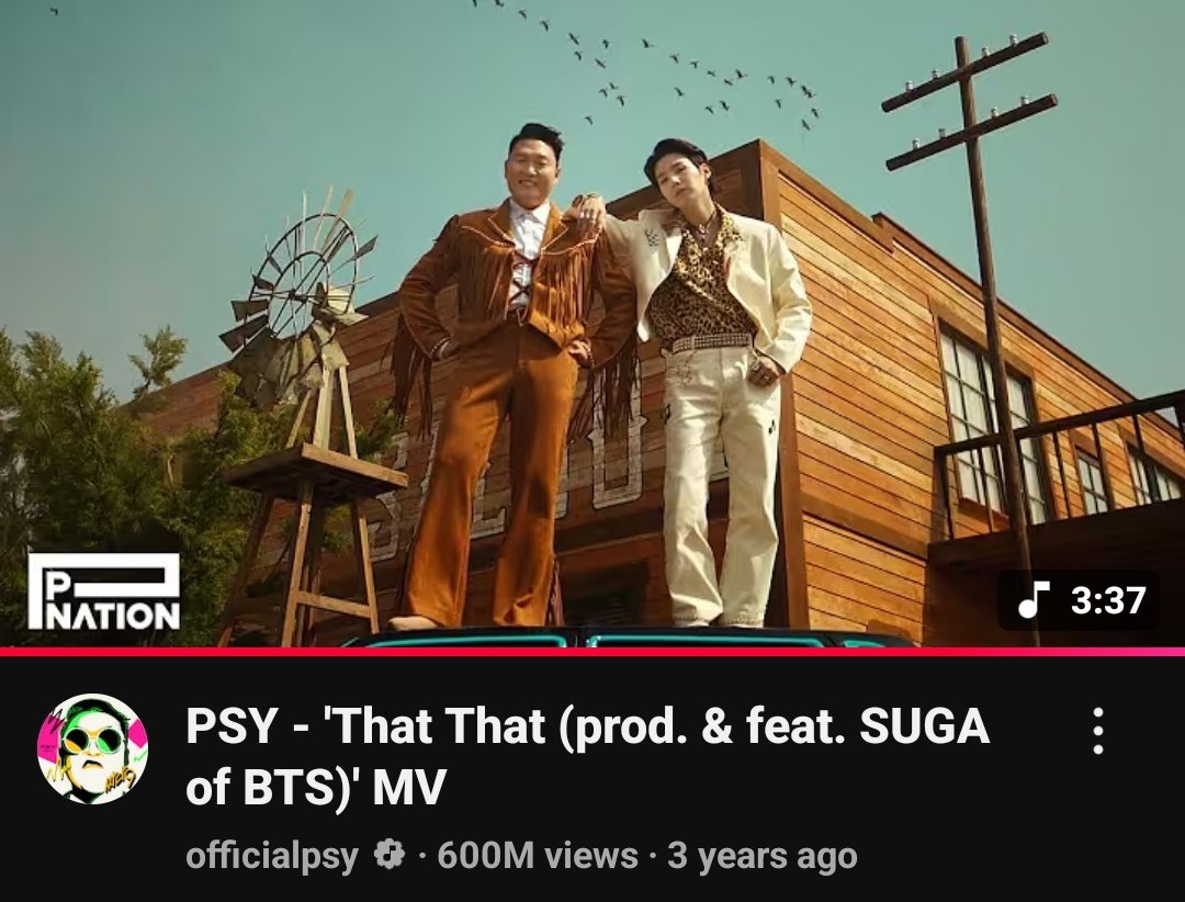 "That That" YouTube'da 600 Milyon izlenmeyi aştı!! Böylece Yoongi, PSY'a katılarak YouTube'da bu başarıya ulaşan TEK Koreli Solist oldu!!

CONGRATULATIONS PSY AND SUGA 
THAT THAT LEGENDARY 
#ThatThat600MViews 
#CanYouFeelIt600M
#SUGA #AgustD #방탄소년단슈가 #슈가