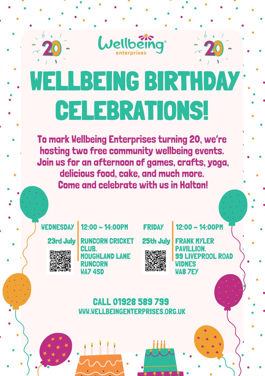 🎉 We’re turning 20! To celebrate we're hosting 2 free community wellbeing events in Halton with games, yoga, crafts, cake &amp; more! 🎂 Call 01928 589 799 or sign up below:

📍23 July – Runcorn: tinyurl.com/4eebahpx
📍25 July – Widnes: tinyurl.com/hxxpb2pa
🕛 12–2pm