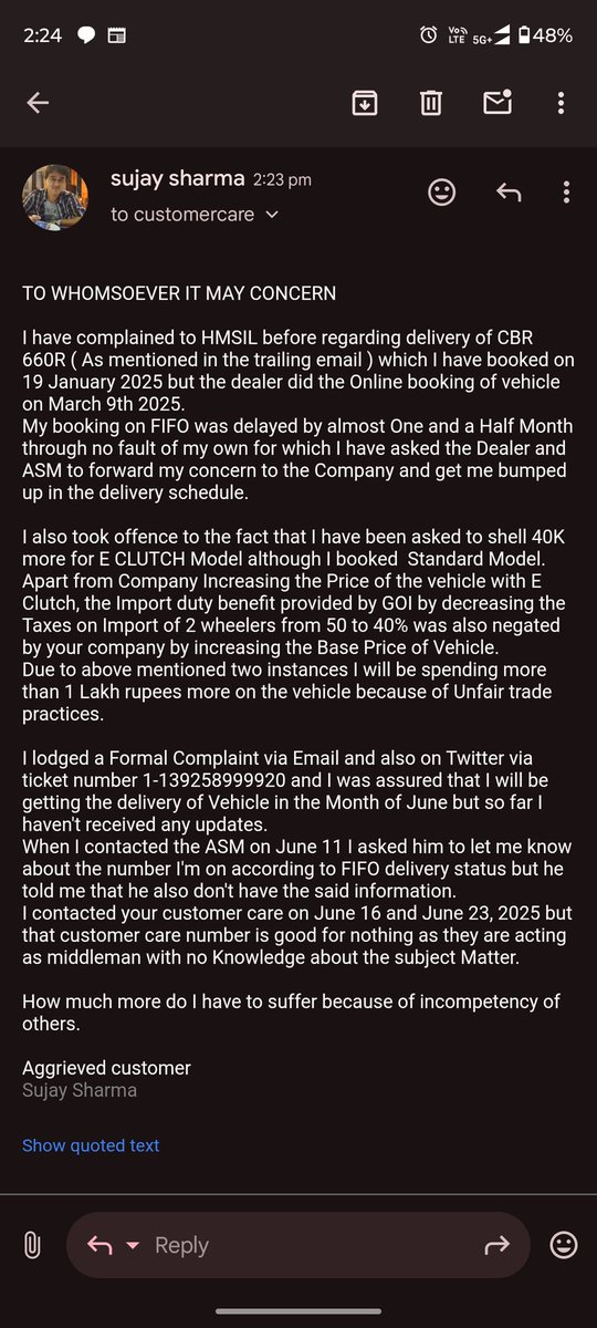 SujaySharma22's tweet photo. @BigWingIndia I hope that I am not just being provided Tweet responses and Concrete Actions will be taken regarding this @BigWingIndia 
I was desperately waiting for you to launch the HondaCBR650R since 2023 but all the excitement has been eroded by this kind of lethargic experience https://t.co/PFgSDyqwGW