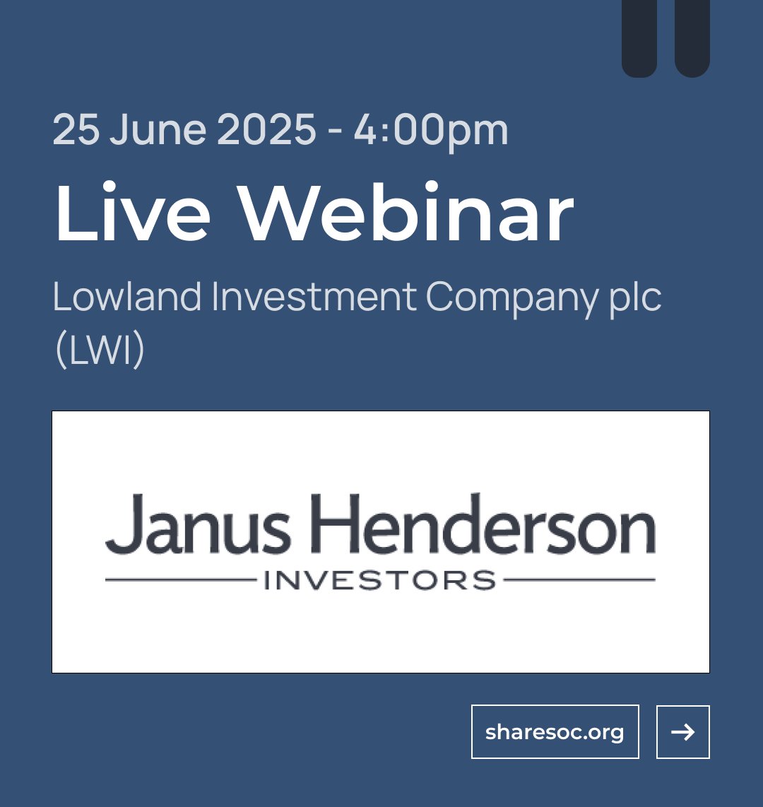 ShareSocUK's tweet image. Join us this Wednesday at 4pm for a live webinar on Lowland Investment Company plc (#LWI).

Portfolio Manager Laura Foll will deliver a presentation on Lowland and will discuss its strategy, performance and outlook.

Register now: bit.ly/4kqxF2T