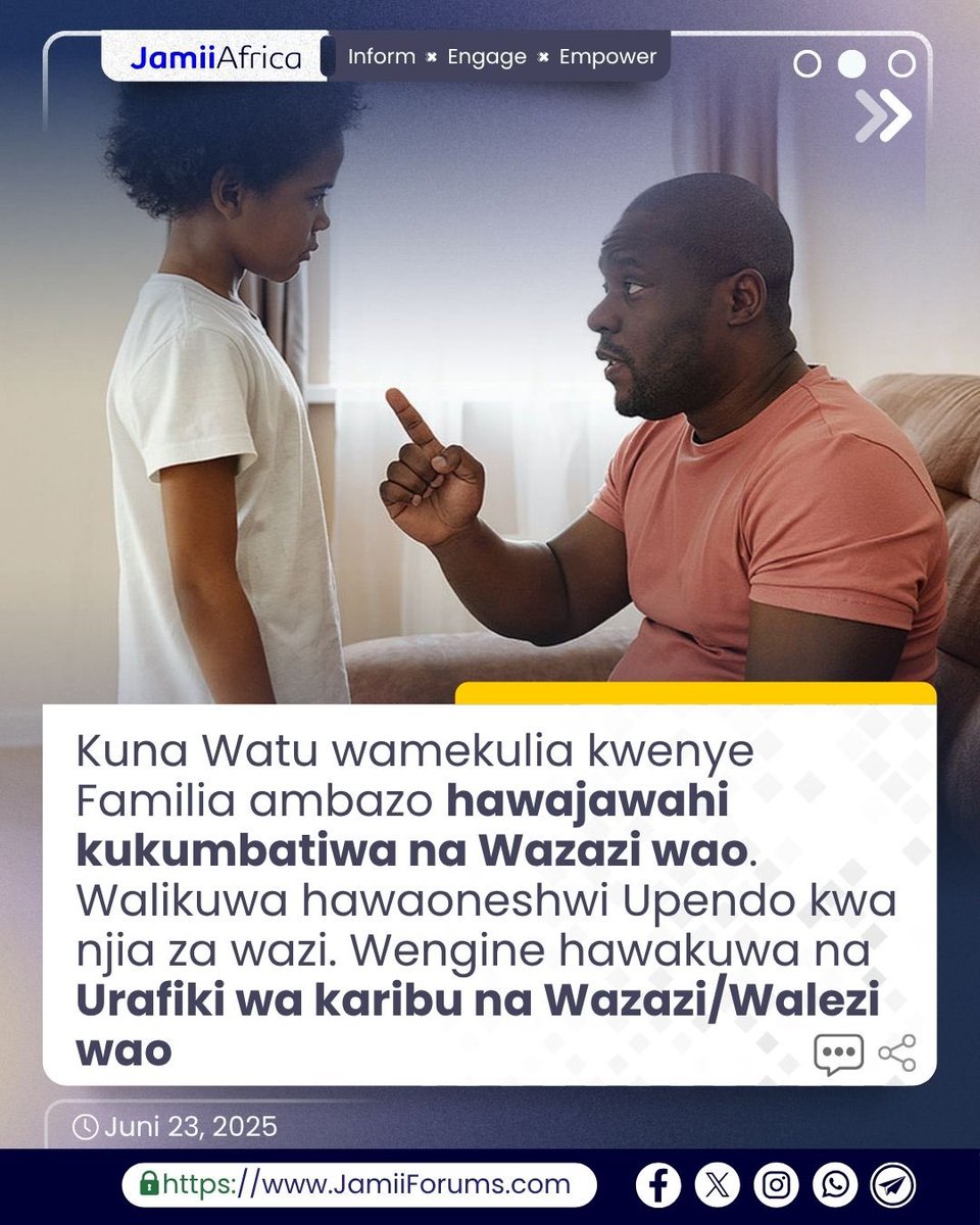 JamiiForums's tweet photo. #MAISHA: Malezi uliyoyapata kutoka kwa Wazazi/Walezi wako yamekuathiri vipi kwenye namna unavyolea/utakavyowalea Watoto wako?
Mjadala zaidi https://t.co/UM8kXqBJJH
#JamiiAfrica #JamiiForums #JFStories #JFChitChats #Malezi https://t.co/VtggJoxoC4