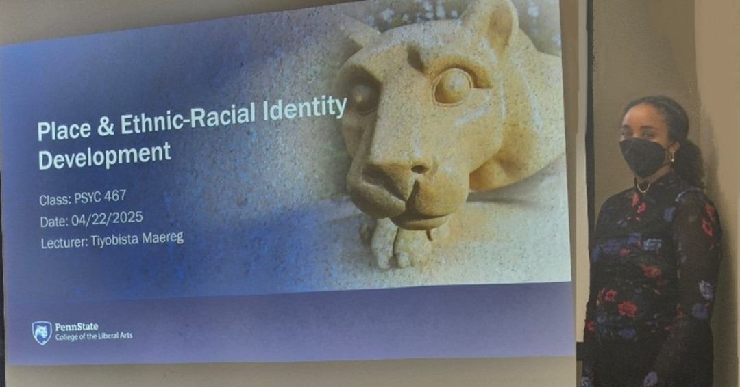 Tiyobista Maereg, a fifth-year Developmental Psychology grad student, was a guest lecturer for PSYCH 490 –Senior Seminar. Tiyobista’s shared her program of research on identity development as well as how the place-based context shapes identity formation and beliefs.