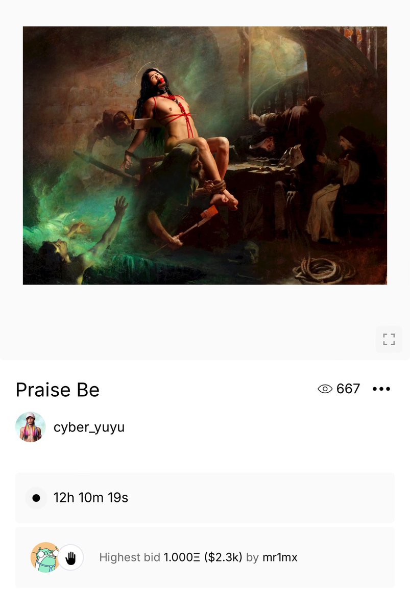 What a great way to wake up — thank you, Mr1MX, for kicking off the auction of "Praise Be"! 

This is a particularly important work for me, as it explores religious fundamentalism from a queer feminist lens. 

Follow the auction on <a href="/SuperRare/">SuperRare</a> - 12h to go, current bid 1 $ETH