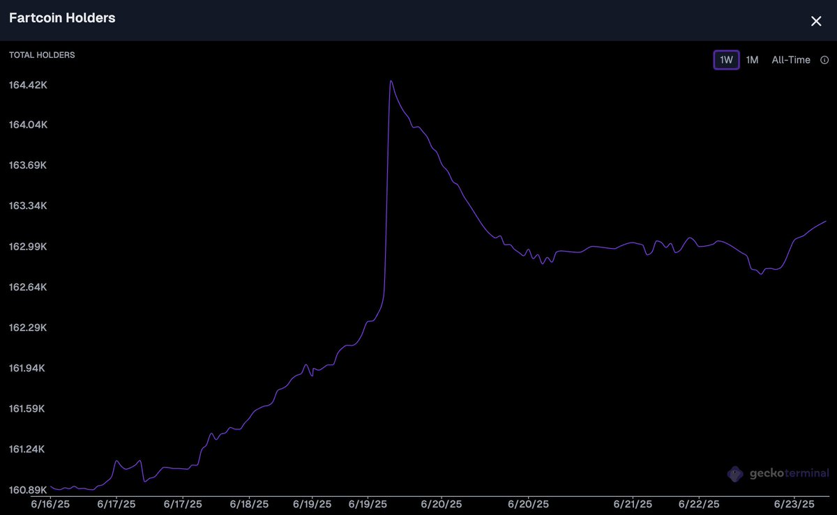 Despite the market downturn, $FARTCOIN saw a $909K in net buys over the past 24 hours. 🚀
Holder count also bounced back, rising from 162.7K to 163.2K. 

Will the price follow next?