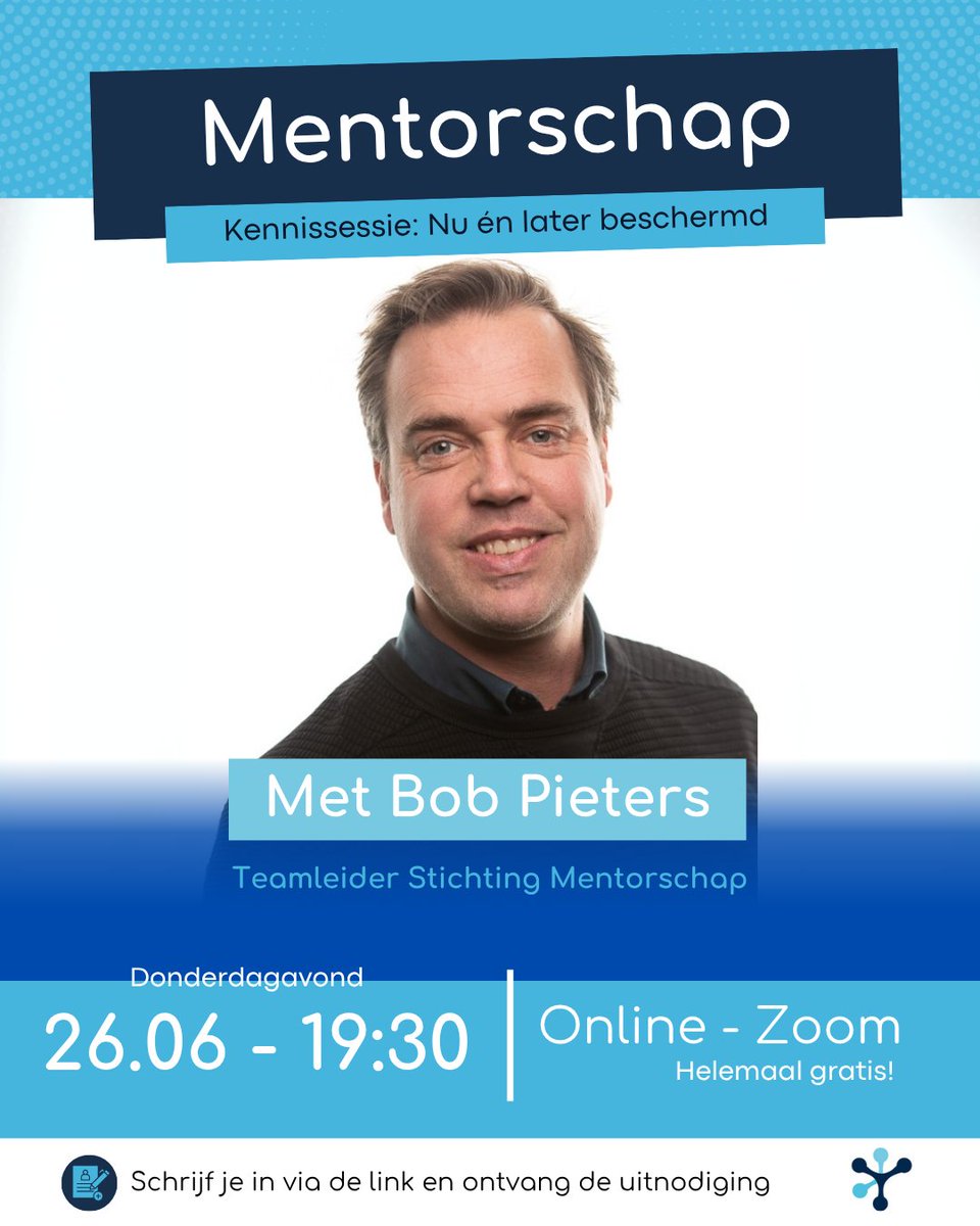 🧠Kennissessie Mentorschap
Wat als je dierbare een psychische kwetsbaarheid heeft en zijn eigen zaken niet goed kan regelen? 

👉 Do, 26 jun. 19:30 via Zoom
 🗣️Met spreker Bob Pieters, teamleider bij Stichting Mentorschap.

 💬Meld je gratis aan via mind-ypsilon.email-provider.eu/memberforms/su…