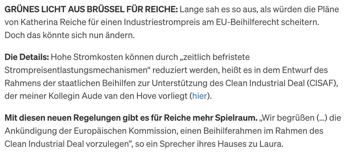 HulsemannLaura's tweet image. Grünes Licht aus Brüssel für Reiches Industriestrompreis!
EU erlaubt laut Entwurf Preisnachlässe für Industrie:
Reiche will den Preis auf 5 Cent/kWh drücken — in Brüssel war das umstritten, nun wohl aber möglich.
@audevdh @herrkloeckner @ThorstenMumme @TommesFrittes