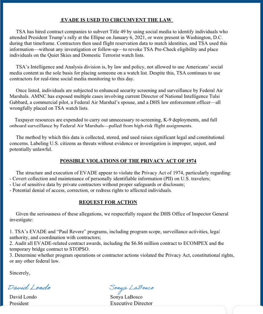 Air Marshal National Council (@fams_amnc) on Twitter photo 💥AMNC ASKS THE DHS INSPECTOR GENERAL TO INVESTIGATE!!💥
TSA Office of Intelligence and Analysis- and the FAMS ICS units must be shut down!! Spying on innocent Americans must stop!!🛑 <a href="/LaboscoSonya/">Sonya LaBosco</a> <a href="/BreannaMorello/">Breanna Morello</a> <a href="/RogerJStoneJr/">Roger Stone</a> <a href="/SenRandPaul/">Senator Rand Paul</a> <a href="/KristiNoem/">Kristi Noem</a> <a href="/LeadingReport/">Leading Report</a> 💥AMNC ASKS THE DHS INSPECTOR GENERAL TO INVESTIGATE!!💥
TSA Office of Intelligence and Analysis- and the FAMS ICS units must be shut down!! Spying on innocent Americans must stop!!🛑 <a href="/LaboscoSonya/">Sonya LaBosco</a> <a href="/BreannaMorello/">Breanna Morello</a> <a href="/RogerJStoneJr/">Roger Stone</a> <a href="/SenRandPaul/">Senator Rand Paul</a> <a href="/KristiNoem/">Kristi Noem</a> <a href="/LeadingReport/">Leading Report</a>