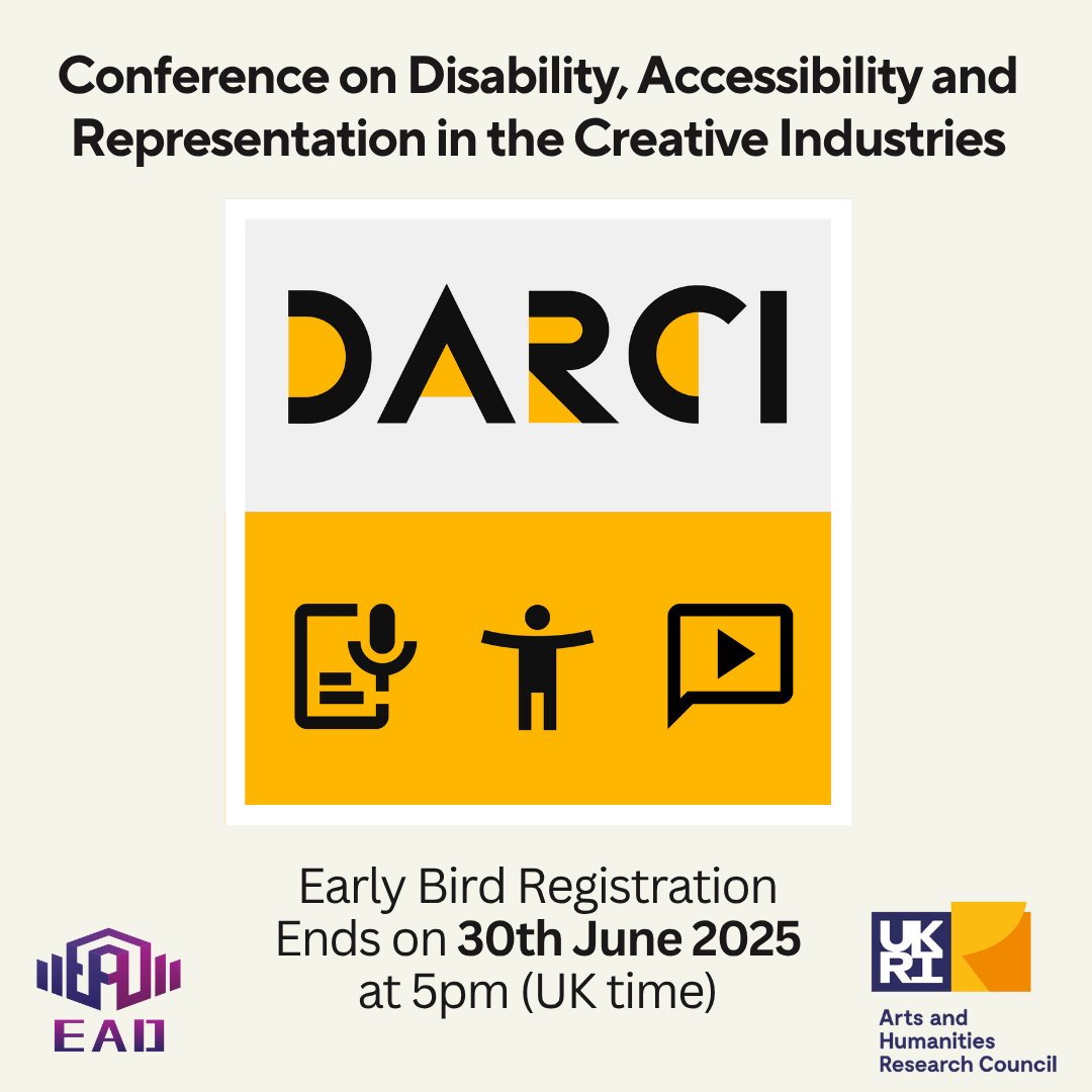 This September <a href="/TFTI_UoY/">TFTI University of York</a> is hosting the #DARCI Conference on Disability, Accessibility and Representation in the Creative Industries as part of the #EnhancingAD project. Early bird registration closes end of June 🐥enhancingaudiodescription.com/darci-conferen…