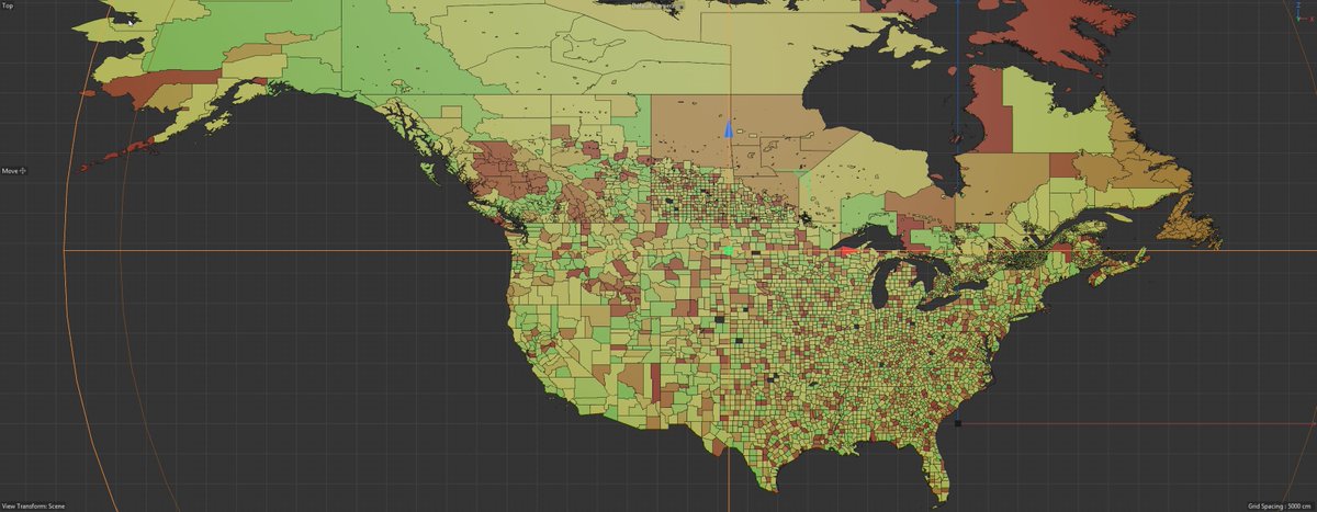 Tools4D's tweet photo. level 2 Canada + USA.
On this mission. Getting there.
#demearth #c4d #cinema4d
C4D is not too bad at handling this madness.
Have loading and construction down to a fine art. Its near instant. It used to take ages to import these big data sets. Now it is a few seconds. It is a lot of work to get this amount of data to be workable in c4d at all.
Next step is figure out some way to let the user see/use/color/control each individual admin border without having to convert and do it manually. Fields work great with smart extrude. It's a big WIP.
@MaxonVFX