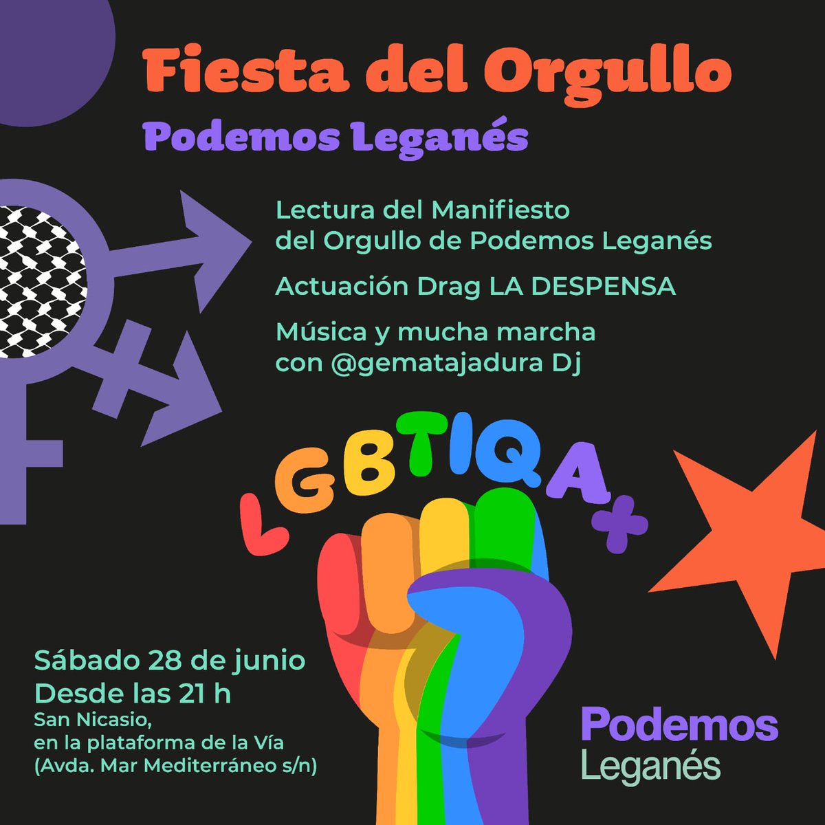 PodemosLeganes's tweet image. 🏳️‍🌈🏳️‍⚧️ Este 28J celebramos el #Orgullo en Leganés 💜

📍 San Nicasio – Plataforma de la Vía
🕘 Desde las 21 h
📣 Manifiesto
🎭 Drag LA DESPENSA
🎧 DJ @gematajadura

¡Ven con tus amigas, vecinas o sola!
 Orgullo es lucha, memoria y fiesta.💪🏻🌈

#LGTBIQA+ #OrgulloPopular