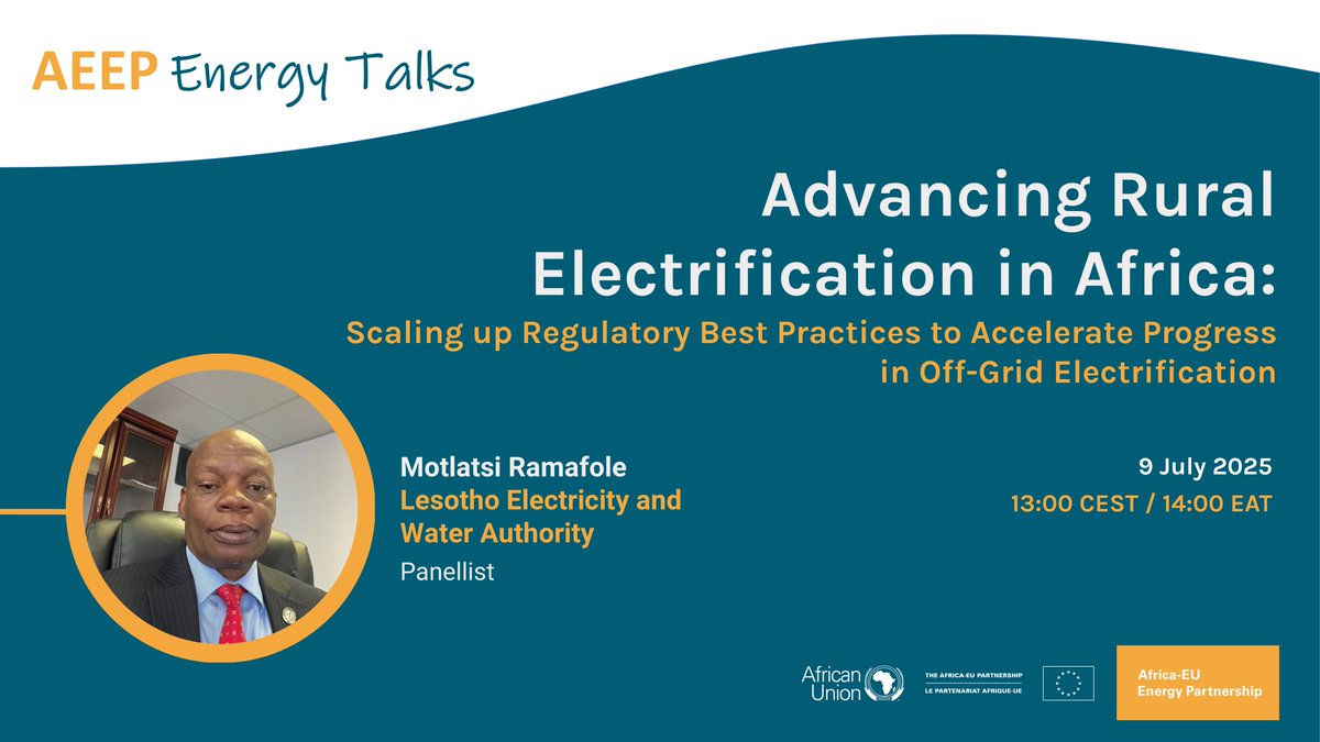 📢 We are pleased to announce that Motlatsi Ramafole will join the 20th #AEEPEnergyTalks. 

He serves as Chief Executive of the Lesotho Electricity and Water Authority and was previously the Permanent Representative of Lesotho to the UN.

💻Register here: africa-eu-energy-partnership.org/aeep-energy-ta…