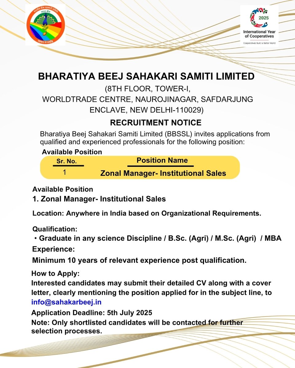 bharatiyabeej's tweet image. Bharatiya Beej Sahakari Samiti (BBSSL) invites applications from qualified and experienced professionals .
Follow Advertisement Link - bbssl.coop/career
@MinOfCooperatn
@IFFCO_PR
@KRIBHCO_PR
@nafedindia
#BBSSL #recruitment #Position #BharatBeej #SahakarSeSamriddhi #IYC2025