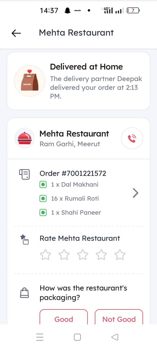 Lakzhay's tweet photo. @zomato @zomatocare  @ZomatoUS
Today, I placed a food order in Meerut, but the delivery agent never arrived. However, the app incorrectly marked the order as 'delivered.' I tried reaching out, but neither the delivery person nor Zomato is responding. Why should i mail to you . https://t.co/zR8m6Sqokq