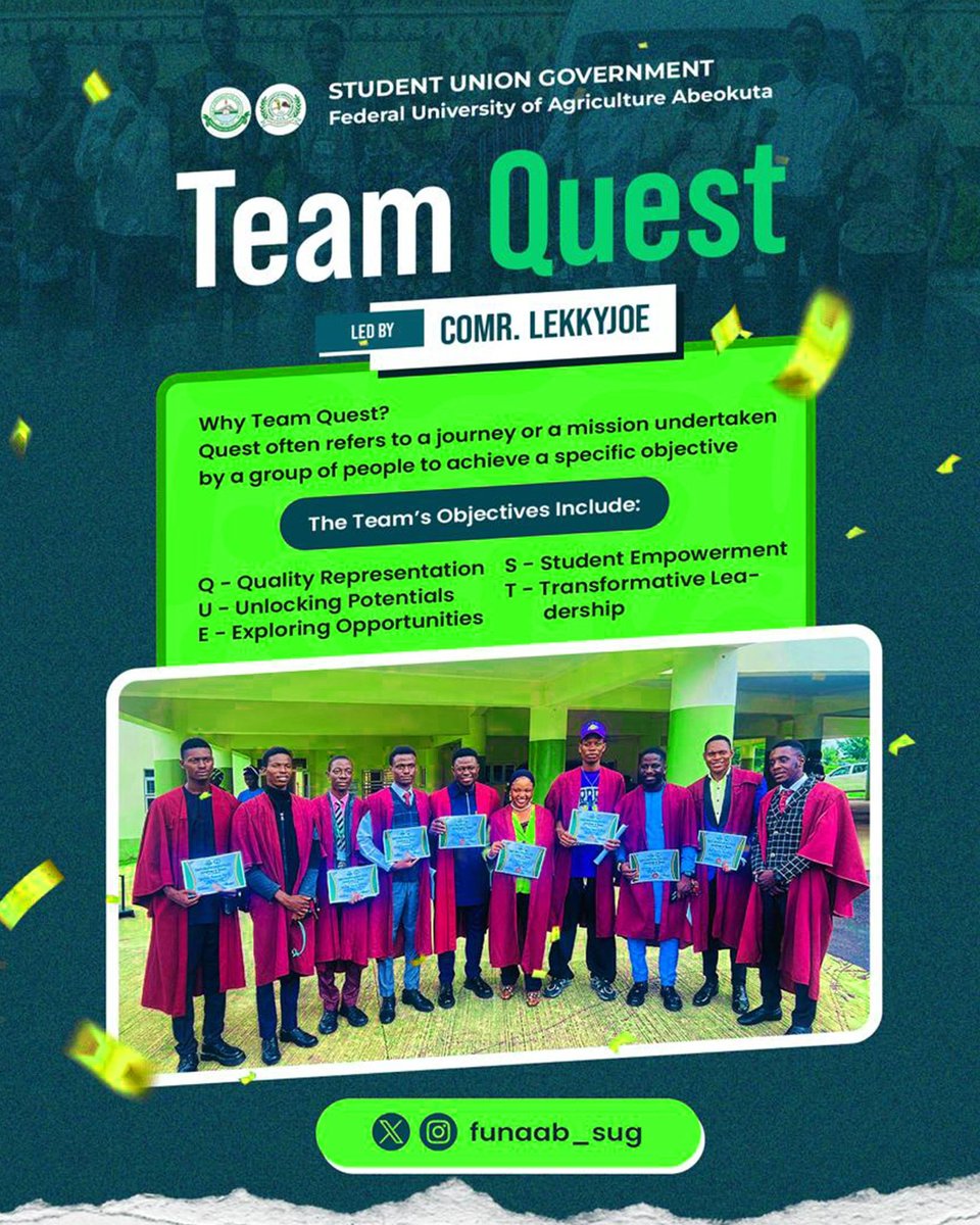 DraiSpiritual1's tweet image. NEW ERA, NEW LEADERSHIP

Introducing  Team Quest your newly elected Student Union executives with a mission to deliver Quality Representation and optimum welfarism. 

Get ready for a year of positive change, innovative ideas, and student centric leadership #TeamQuest 🔥