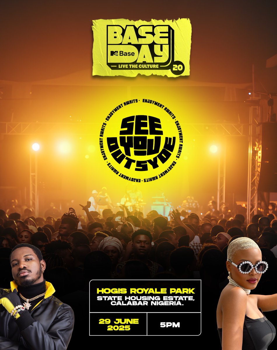 We are taking the MTV Base Day party to Calabar! Gather your squad and See You Outsyde!

Date | June 29, 2024
Time | 5PM

📍
Hogis Royale Park
State Housing Estate, Calabar

#NoFOMO #MTVBaseDay