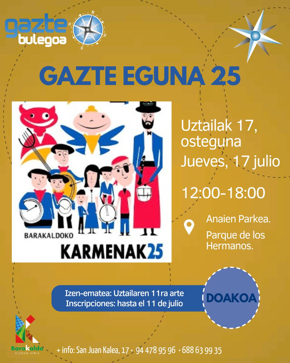🥘🎉¡VENTE AL GAZTE EGUNA!
¿Te animas a pasar el jueves de fiestas, divirtiéndote, jugando y cocinando con otras personas jóvenes? No te lo pienses más y corre que el plazo para apuntarse acaba el 11 de julio,
¡Nos encantará contar contigo!

#gaztebulegoa #barakaldo #gazteak