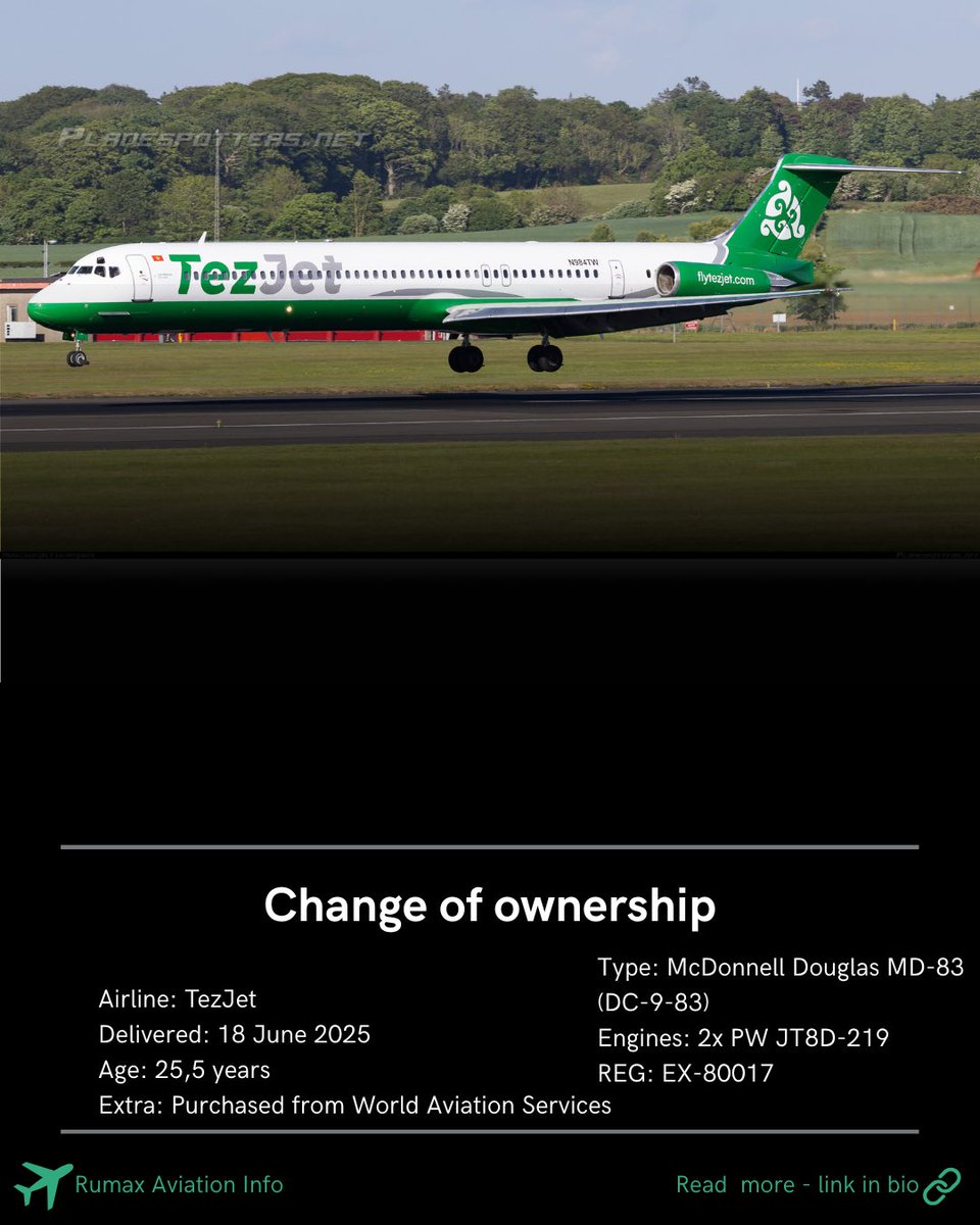 RumaxAviation's tweet image. #TezJet #McDonnellDouglas #MD83 #DC983 #EX80017 #AircraftUpdate #ChangeOfOwnership #ClassicJet #AviationHistory #JT8D #AvGeek #PlaneSpotting #JetPhotos #VintageAircraft #WorldAviationServices #CentralAsiaAviation #RumaxAviationInfo #SpottingDaily #FleetUpdate #AviationDaily