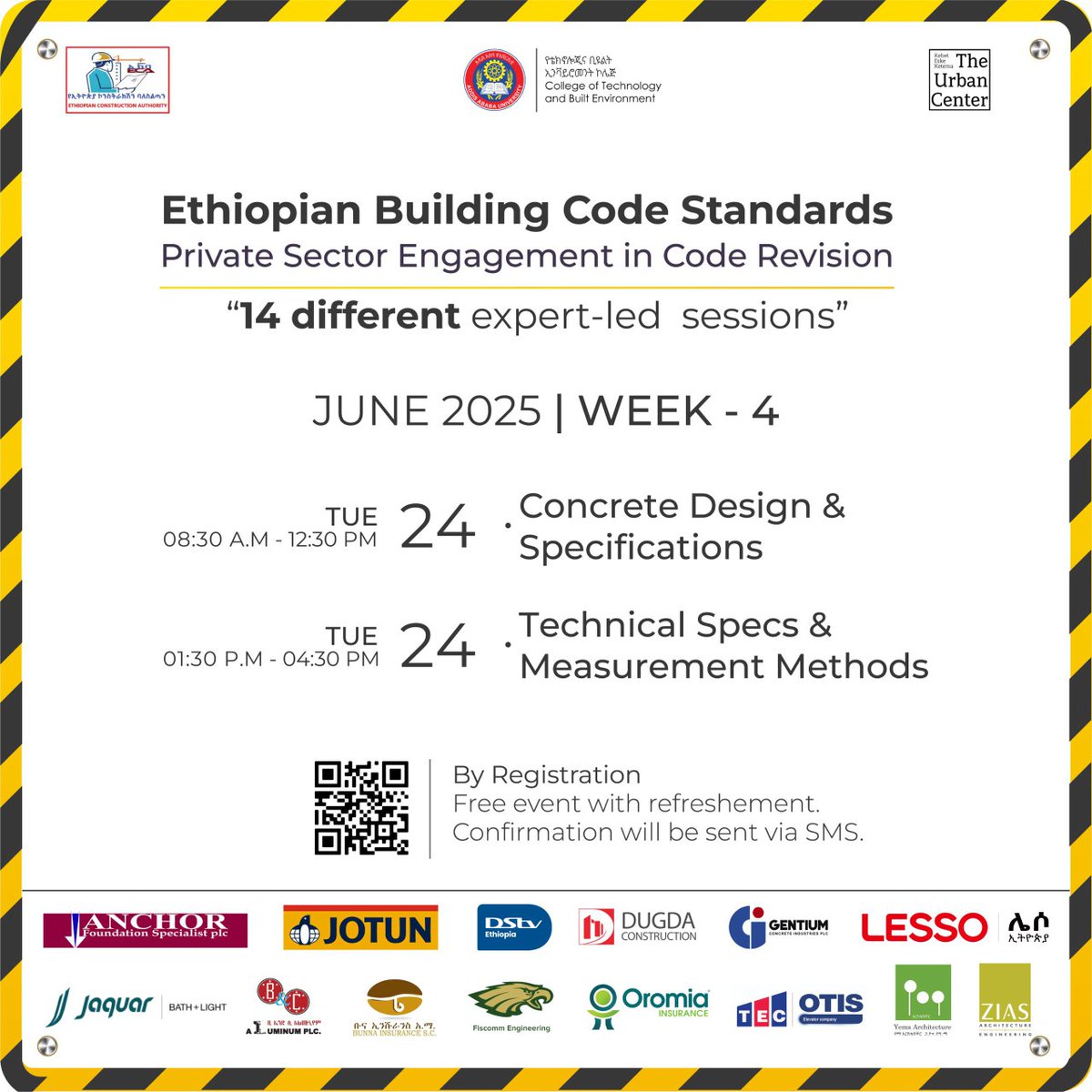 EventsEthiopia's tweet image. Ethiopian Building Code Standards
Private Sector Engagement in Code Revision

🧱 Concrete Design
📏 Technical Specs &amp;amp; Measurement Methods

📅 Tuesday, June 24, 2025
📍 The Urban Center

📲 Register: t.me/EventsEthiopia…

#EBCS #CodeRevision #BuiltEnvironment #ECA #CoTBE #TUC