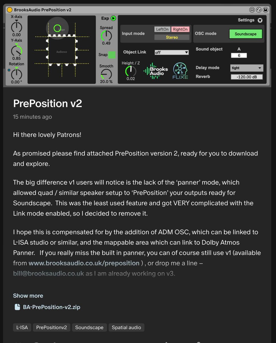 SouthbyProd's tweet image. Fantastic news for #dbsoundscape Ableton users: Bill Brooks has completed PrePosition v2! Object linking, snap, scalable OSC, improved DS100 functionality, MIDI Controllers and even a Spatial Step Sequencer 🫨 🫨 🫨 

Head over to Bill&apos;s Patreon page:
lnkd.in/ectYe4E4