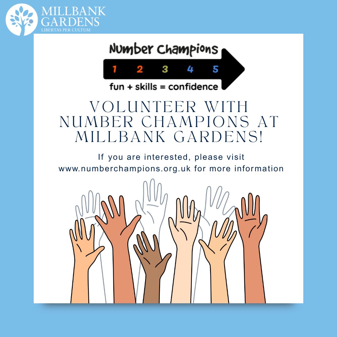 Would you enjoy helping children in Year 2 and Year 3 with maths? Do you have two hours a week to volunteer during term-time?  If so, you could become a Number Champions volunteer!
 
If you are interested, please visit numberchampions.org.uk