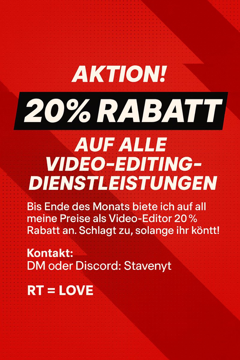 AKTION! 

Bis Ende des Monats bekommt ihr auf alle meine Preise als Video-Editor 20 % Rabatt!

Egal ob Casterreel, Highlight-Clip, Teamvideo oder Content-Cut – jetzt ist der perfekte Zeitpunkt.

📩 Kontakt: DM oder Discord: Stavenyt
🔁 RT = Liebe