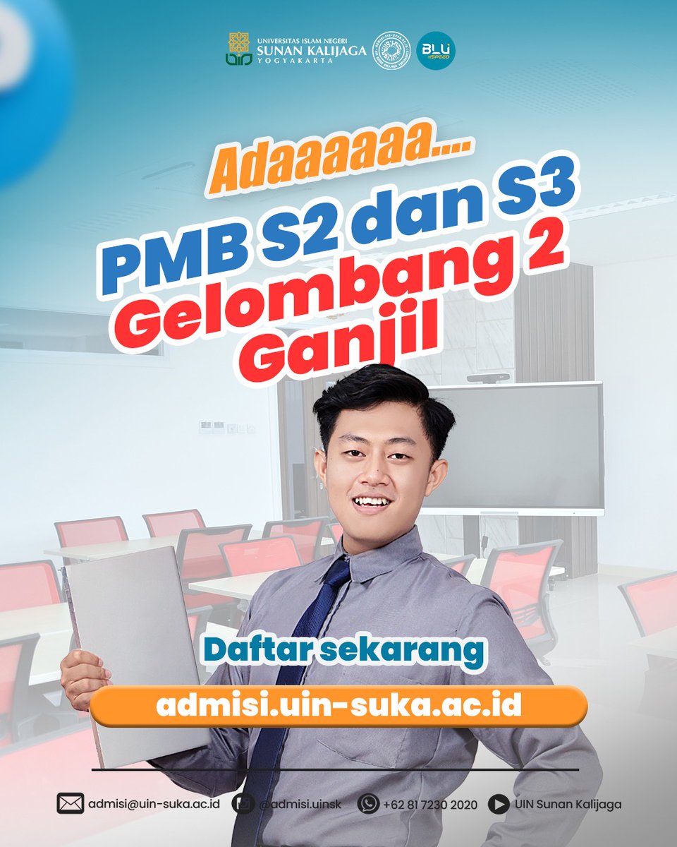 DUARRR SURPRISE!!!!!...😋💥

Untuk kamu yang ingin melanjutkan ke S2 atau S3, ini waktunya bersinar di UIN Sunan Kalijaga Yogyakarta🤩
Masih nungguin apalagi, sih? PMB Gelombang 2 Ganjil dibuka sampai 31 Juli 2025.

#UINSK